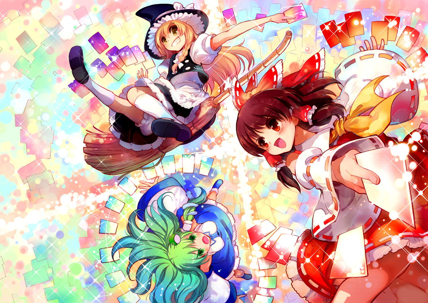 blonde_hair, bow, braids, brown_hair, green_eyes, green_hair, hakurei_reimu, hat