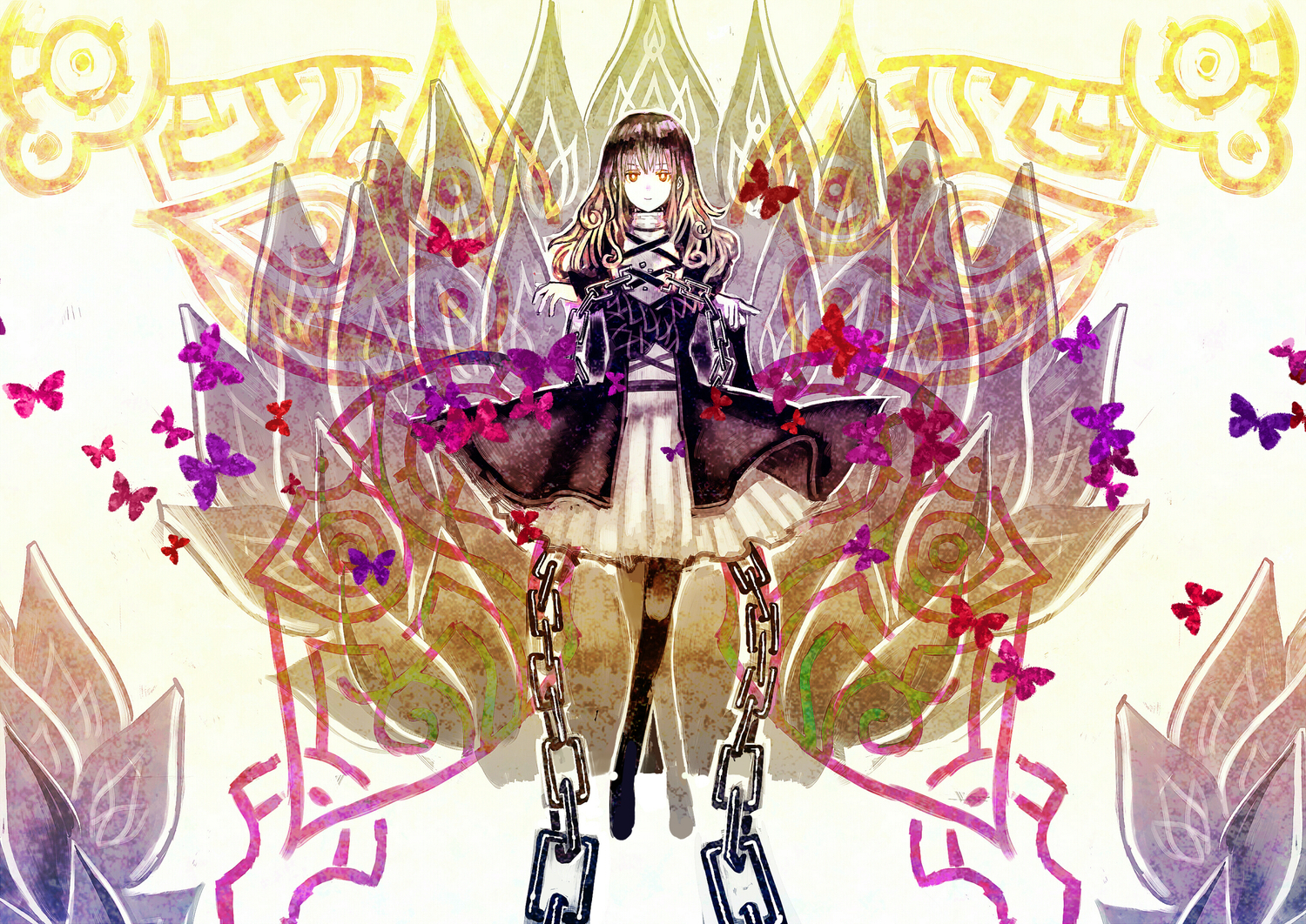 blonde_hair, brown_hair, butterfly, chain, flowers, hijiri_byakuren, long_hair, organ_derwald
