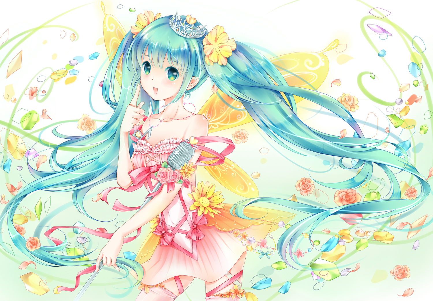 aqua_eyes, aqua_hair, dress, emurina, flowers, hatsune_miku, long_hair, microphone