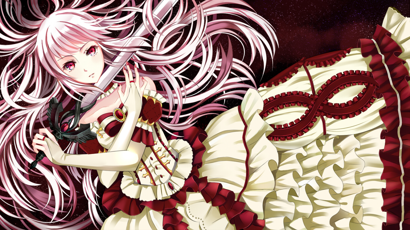 dress, elbow_gloves, gloves, long_hair, pink_hair, red_eyes, sword, weapon