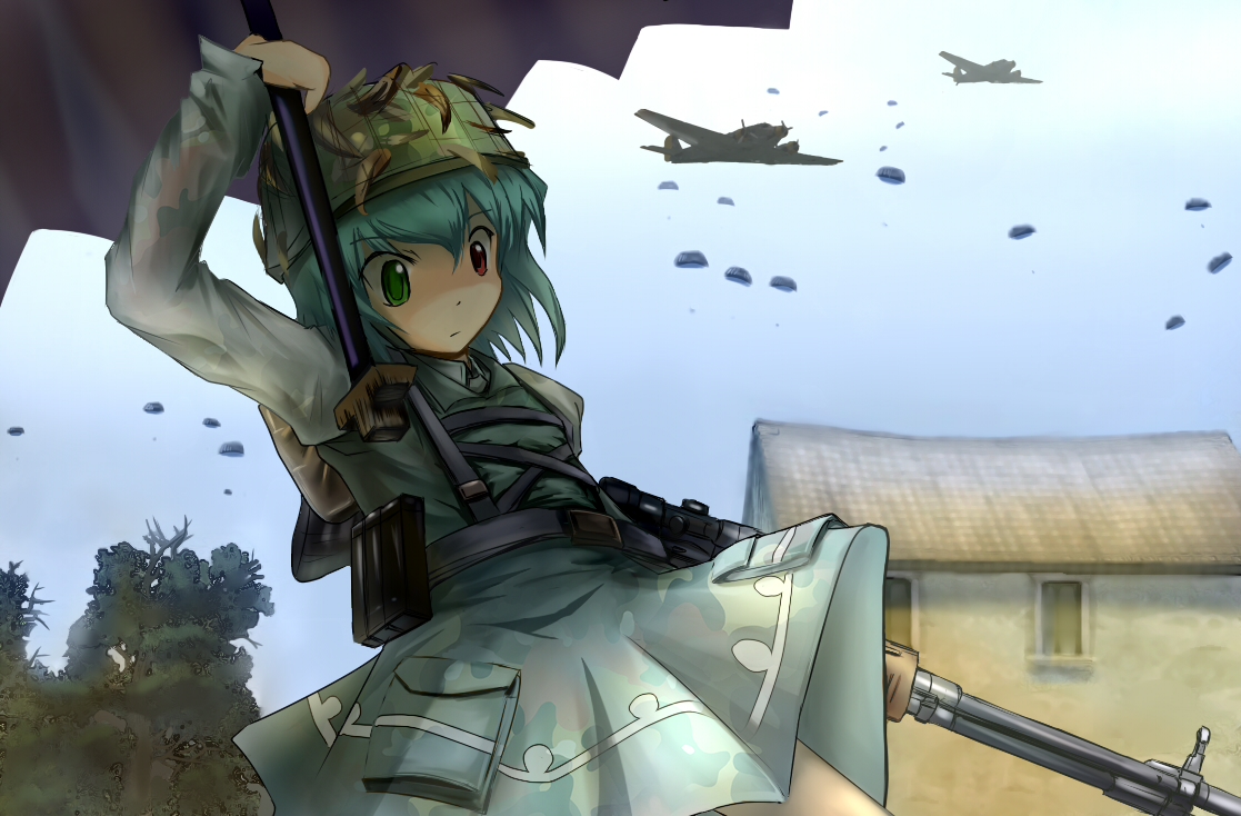 aircraft, bicolored_eyes, blue_hair, combat_vehicle, dress, fat_(artist), gun, hat, long_hair, tatara_kogasa, touhou, umbrella, weapon