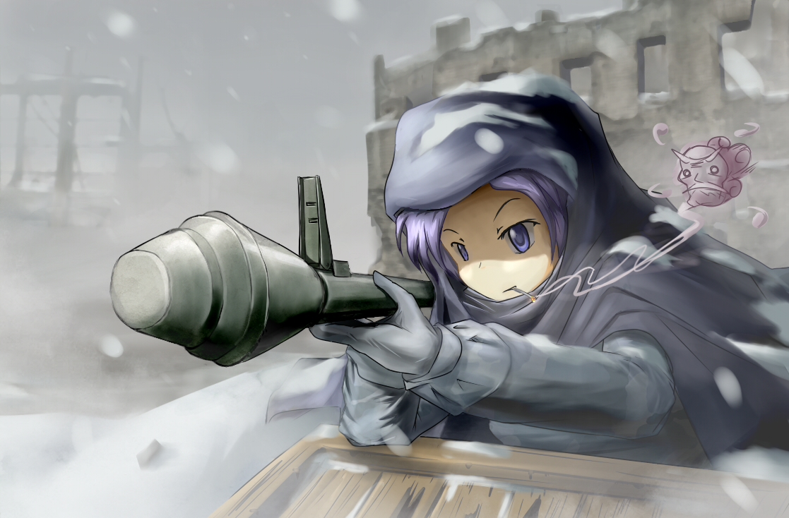 blue_eyes, blue_hair, cigarette, fat_(artist), gloves, kumoi_ichirin, snow, touhou, unzan, weapon