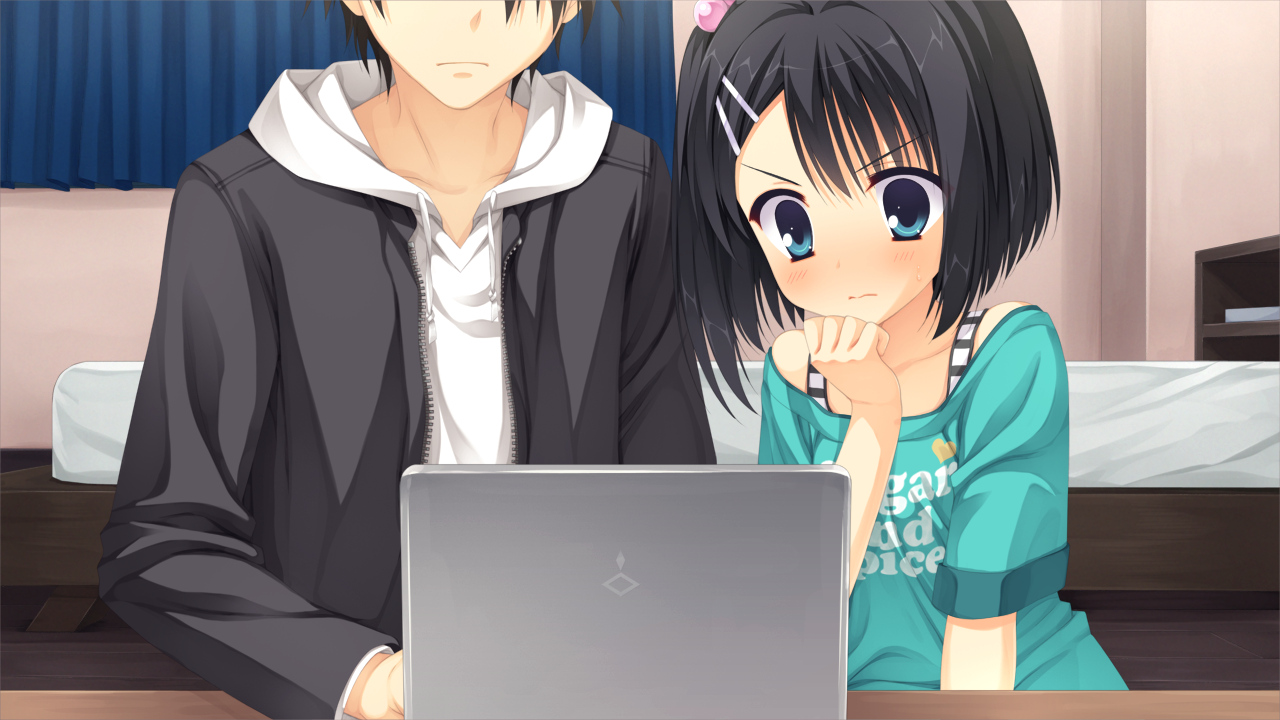 black_hair, blue_eyes, blush, computer, dracu-riot!, game_cg, mera_azusa, muririn