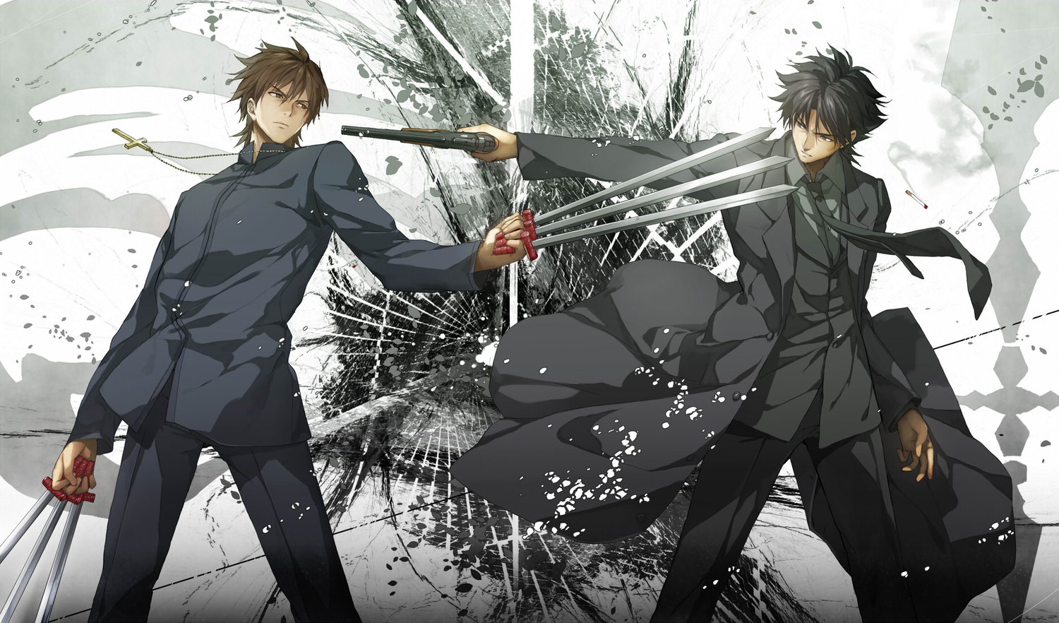 all_male, black_eyes, black_hair, brown_hair, cross, emiya_kiritsugu, fate_(series), fate/stay_night