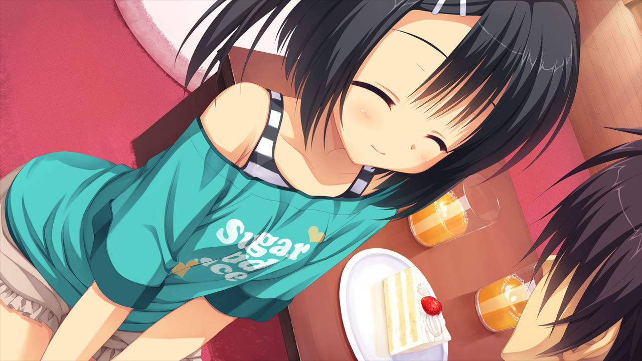 black_hair, cake, cherry, dracu-riot!, food, fruit, game_cg, male, mera_azusa, muririn, mutsura_yuuto, short_hair, yuzusoft