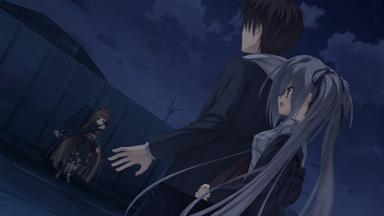 aragami_sayo, dracu-riot!, elina_olegovna_owen, game_cg, gray_hair, long_hair, muririn, mutsura_yuuto, night, twintails, yuzusoft