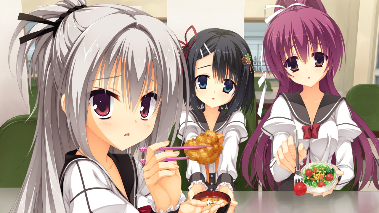 black_hair, blue_eyes, dracu-riot!, elina_olegovna_owen, food, game_cg, gray_hair, inamura_rio