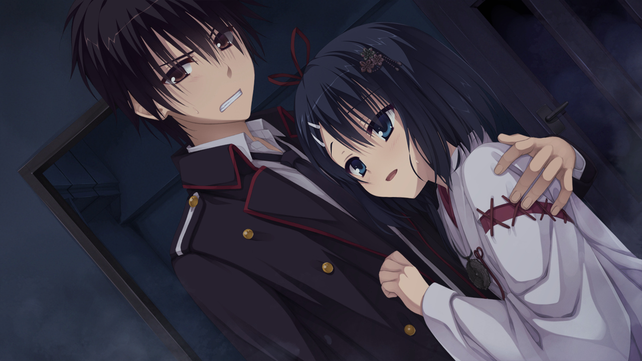 black_hair, blue_eyes, dracu-riot!, game_cg, hug, mera_azusa, muririn, mutsura_yuuto