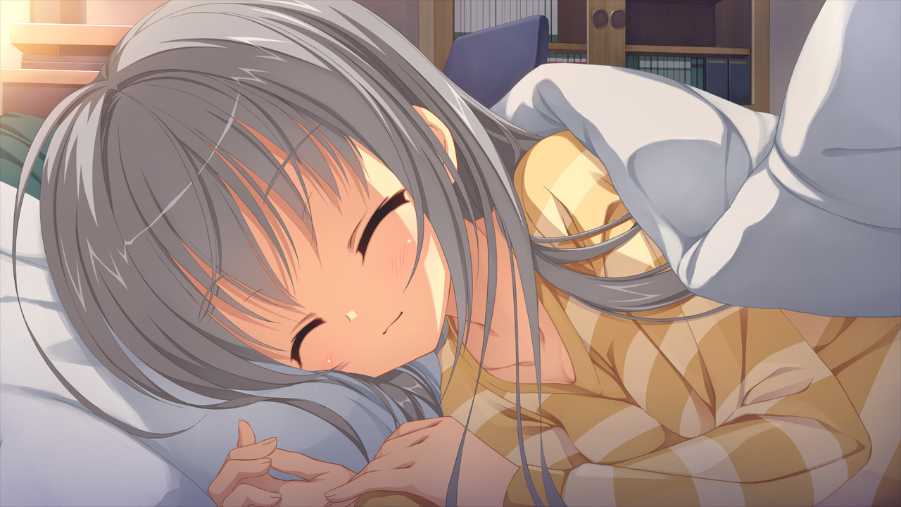 bed, dracu-riot!, elina_olegovna_owen, game_cg, gray_hair, muririn, pajamas, sleeping