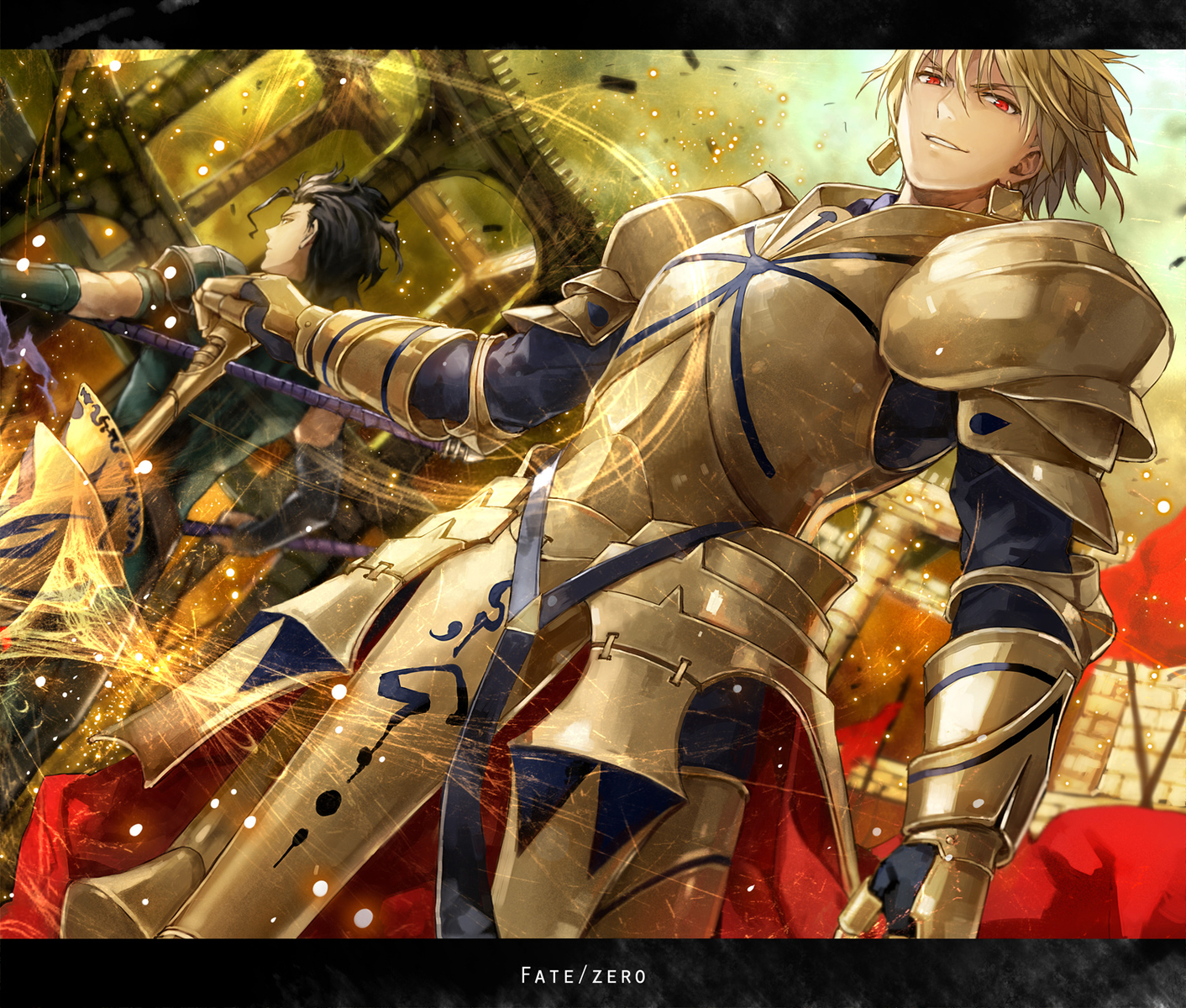 armor, blonde_hair, diarmuid_ua_duibhne_(fate), fate_(series), fate/stay_night, fate/zero, gilgamesh, komecchi, red_eyes, spear, weapon