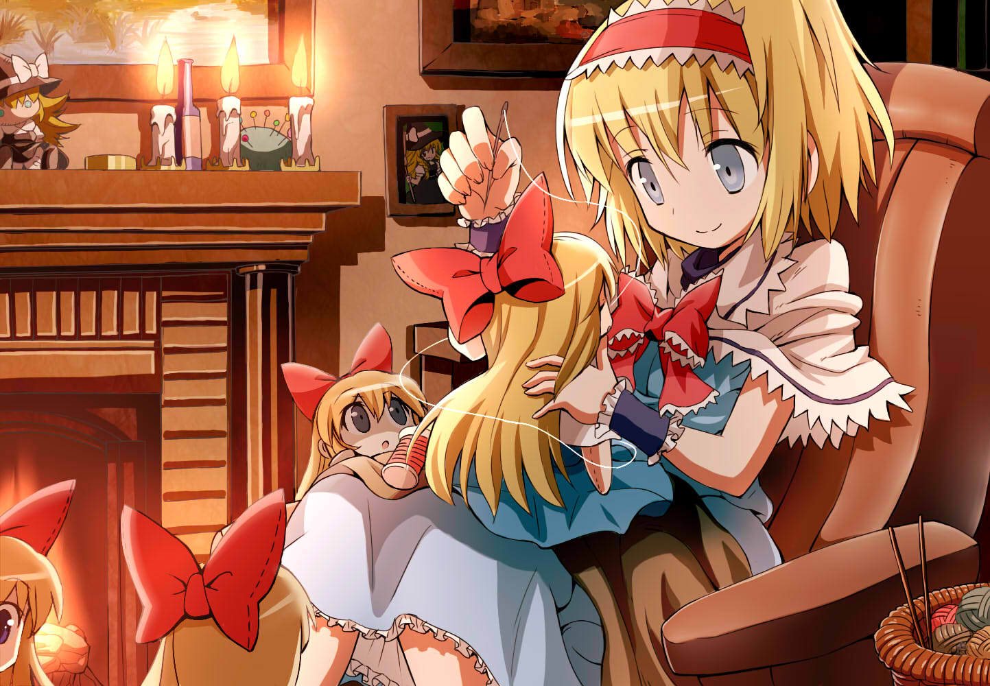 alice_margatroid, blonde_hair, bow, doll, dress, gibuchoko, jpeg_artifacts, kirisame_marisa