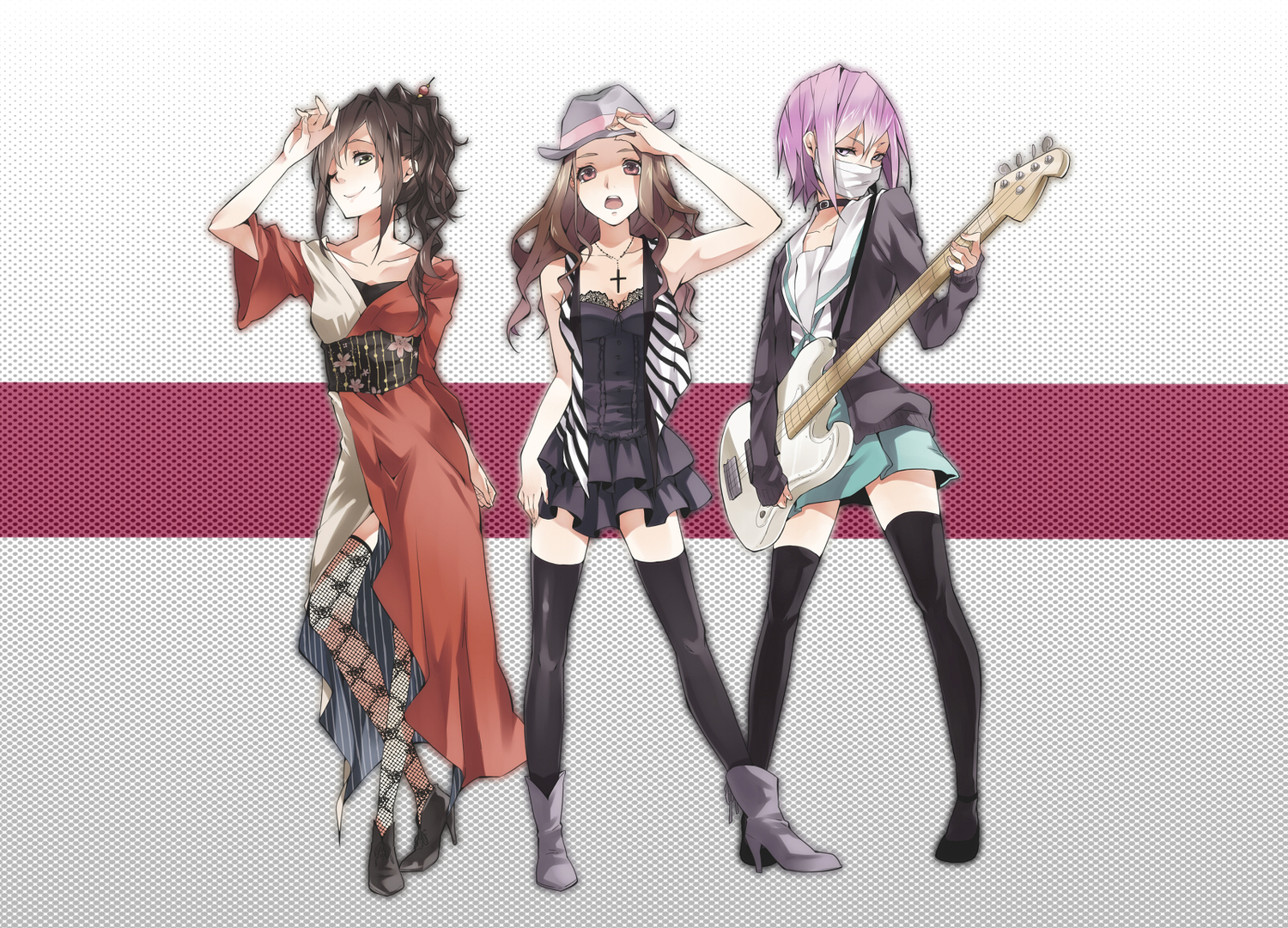 boots, buuta, dress, guitar, hat, instrument, purple_hair, school_uniform, tagme, thighhighs, wink