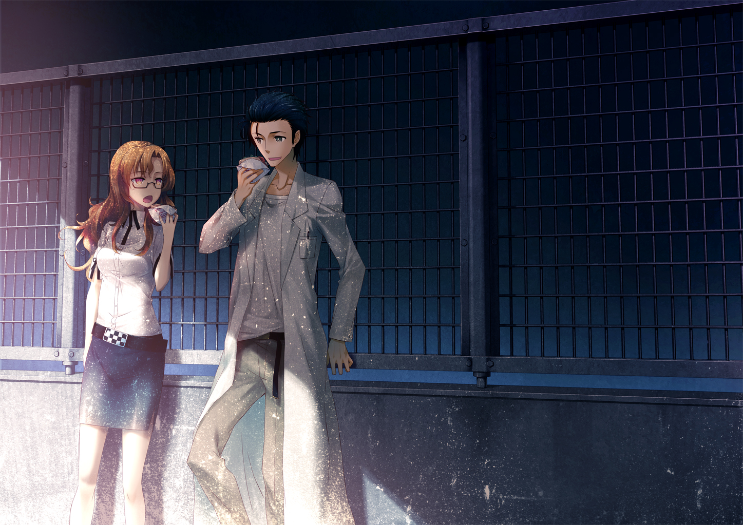 2c=galore, food, glasses, kiryuu_moeka, okabe_rintarou, skirt, steins;gate