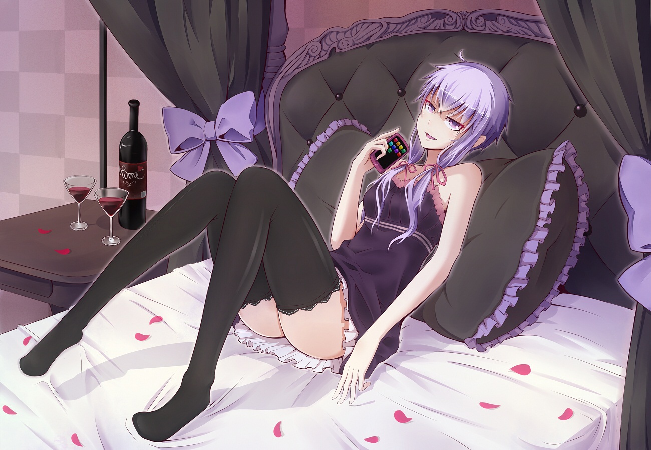 bed, dress, drink, long_hair, paparins, petals, phone, purple_eyes
