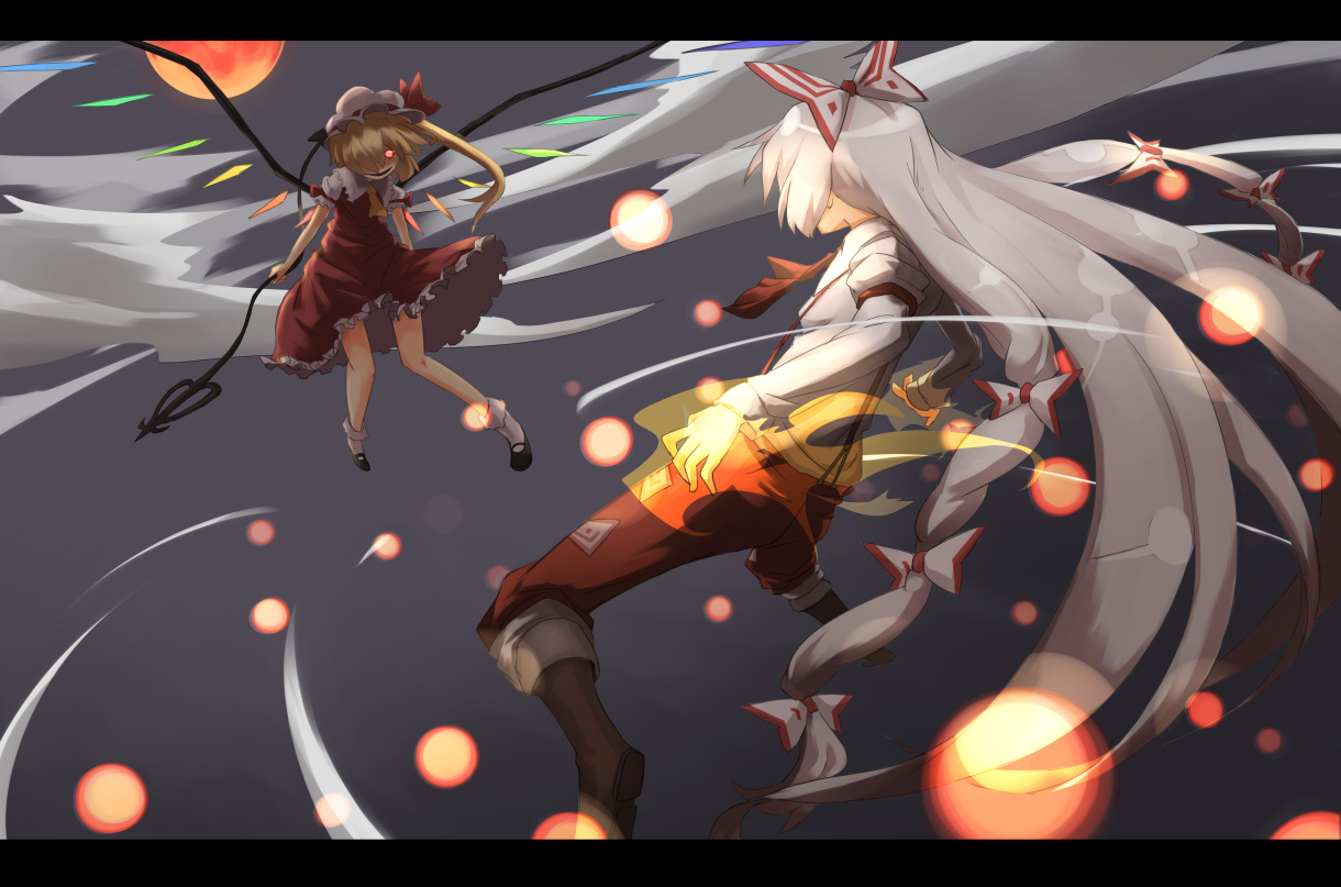 2girls, bow, dress, flandre_scarlet, fujiwara_no_mokou, kokotetsu, long_hair, moon