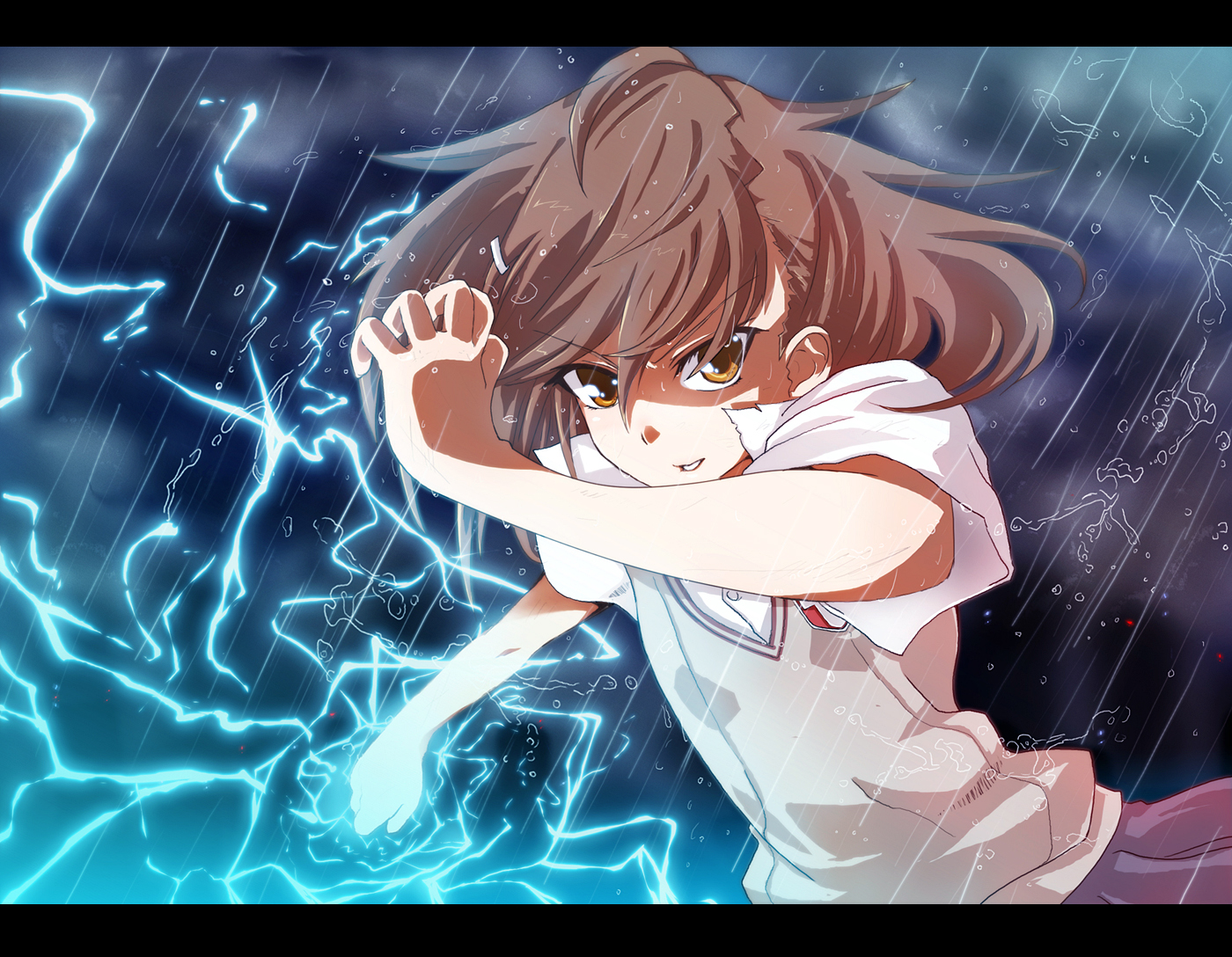auer, brown_eyes, brown_hair, misaka_mikoto, rain, school_uniform, short_hair, to_aru_kagaku_no_railgun