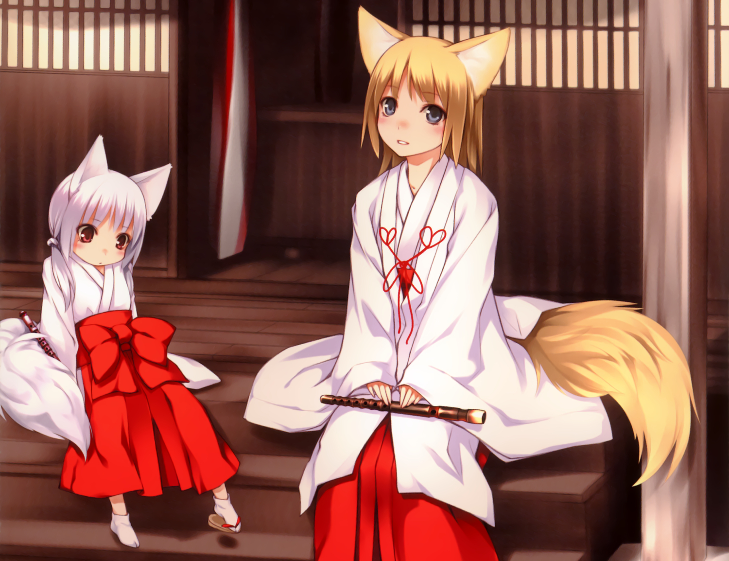 2girls, animal_ears, blonde_hair, blue_eyes, blush, bow, flute, foxgirl