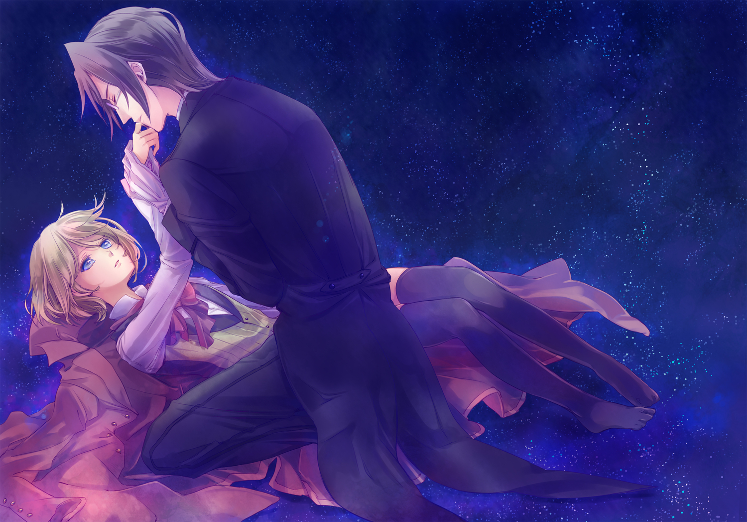 all_male, alois_trancy, blonde_hair, blue_eyes, claude_faustus, kuroshitsuji, male, shounen_ai, space, tagme, thighhighs, yamada_ako