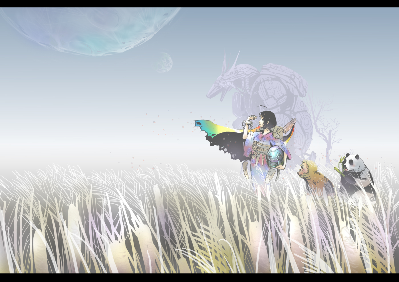 animal, bear, black_hair, cape, kyan-dog, mecha, original, panda, planet, short_hair