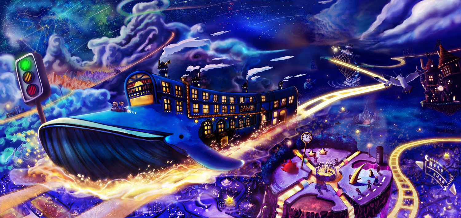 animal, bird, building, city, clouds, goro_(cki38570), night, original, sky, stars, water
