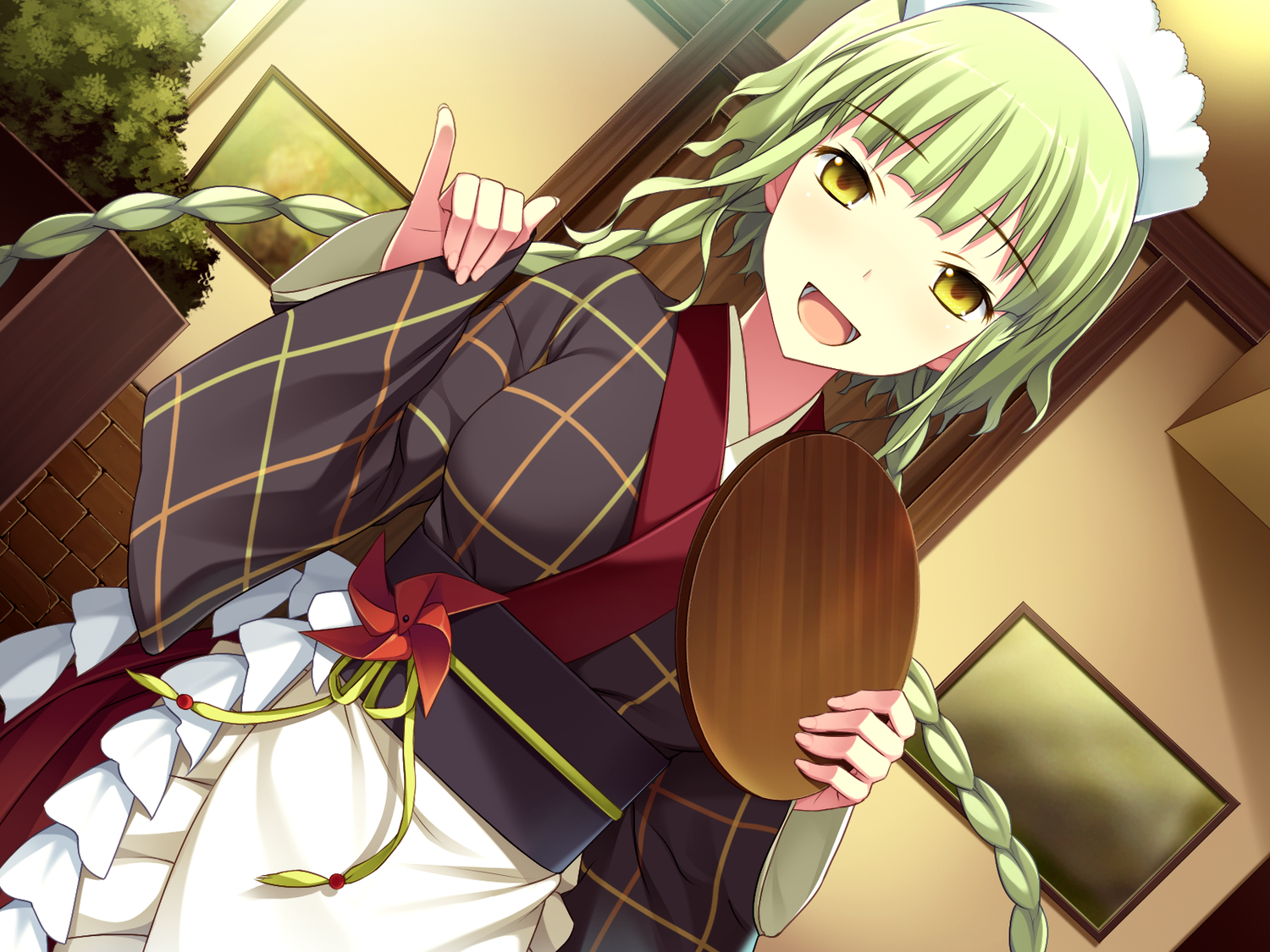 amakura, braids, game_cg, green_hair, headdress, japanese_clothes, kimono, root_nuko