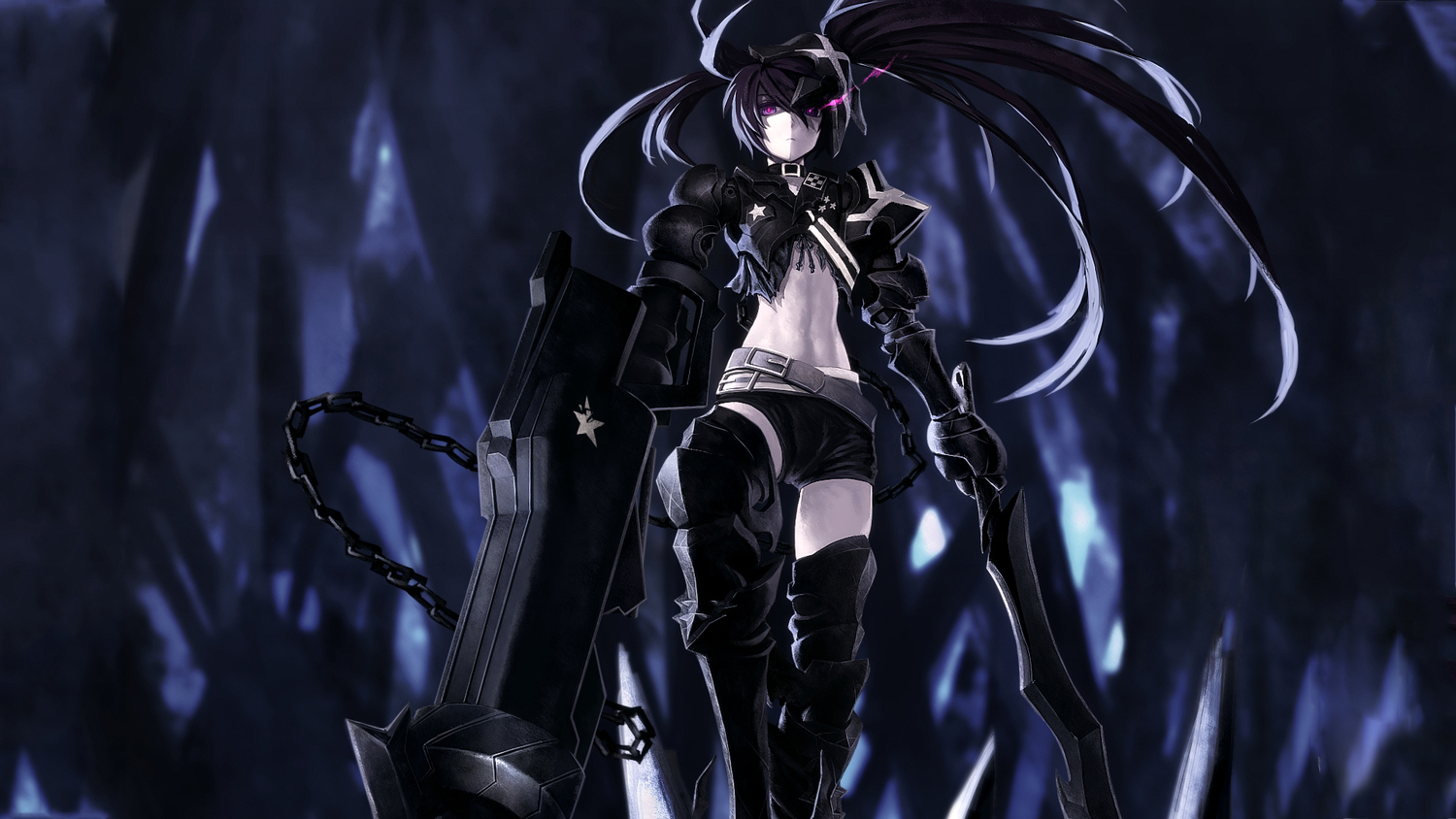 black_hair, black_rock_shooter, gun, insane_black_rock_shooter, kuroi_mato, long_hair, shorts, sword, weapon