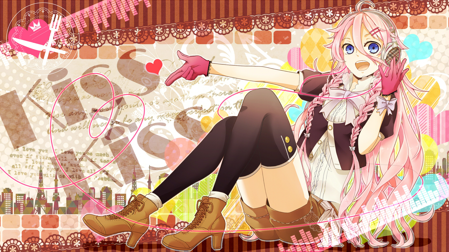 bow, gari, gloves, headphones, heart, ia, pink_hair, shorts, thighhighs, vocaloid