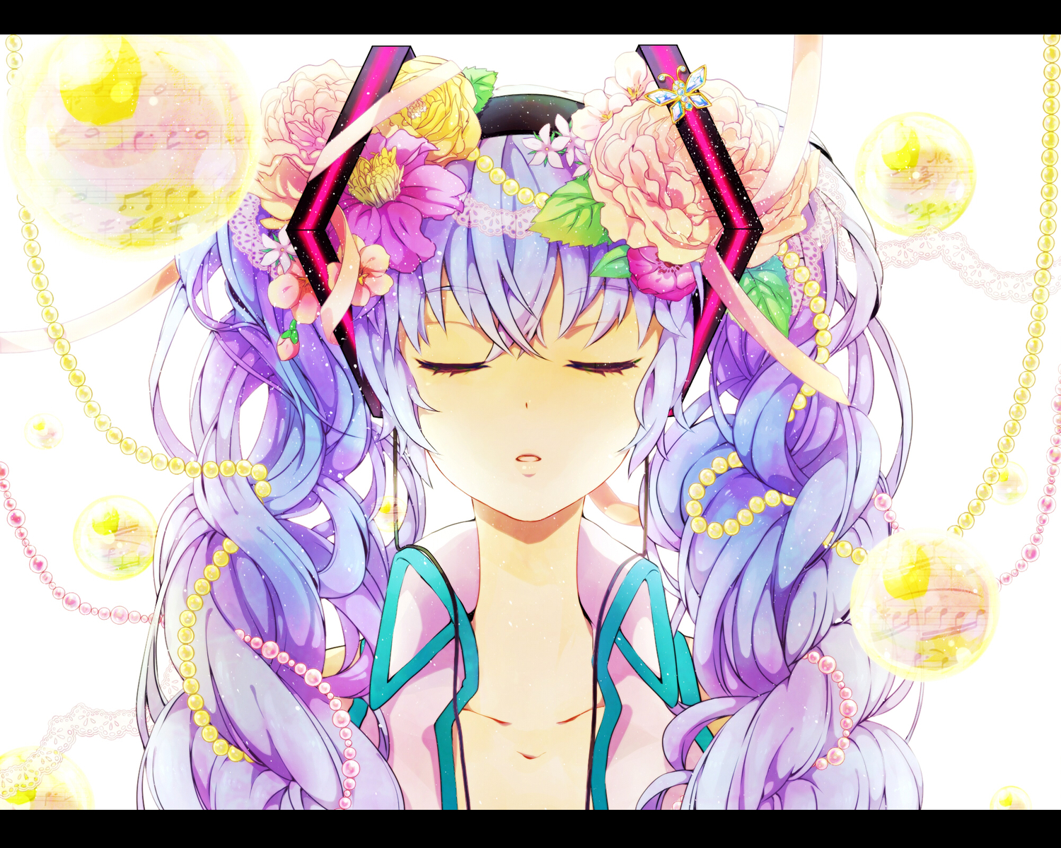 close, flowers, gari, hatsune_miku, headphones, open_shirt, purple_hair, vocaloid