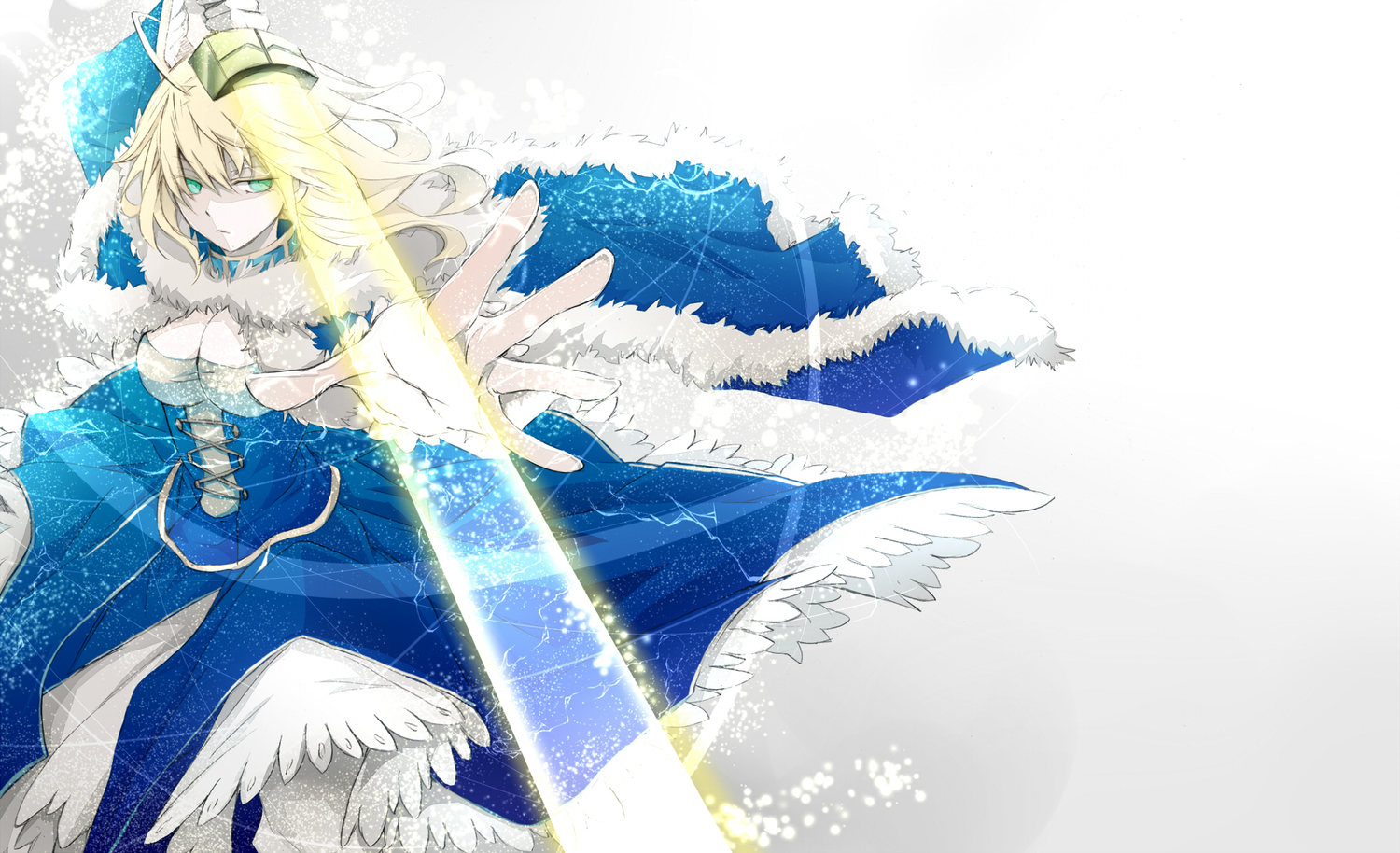 artoria_pendragon_(all), blonde_hair, dress, fate_(series), fate/stay_night, fate/zero, green_eyes, lightsaber, ribbons, saber, supika_(piyuki0911), sword, weapon