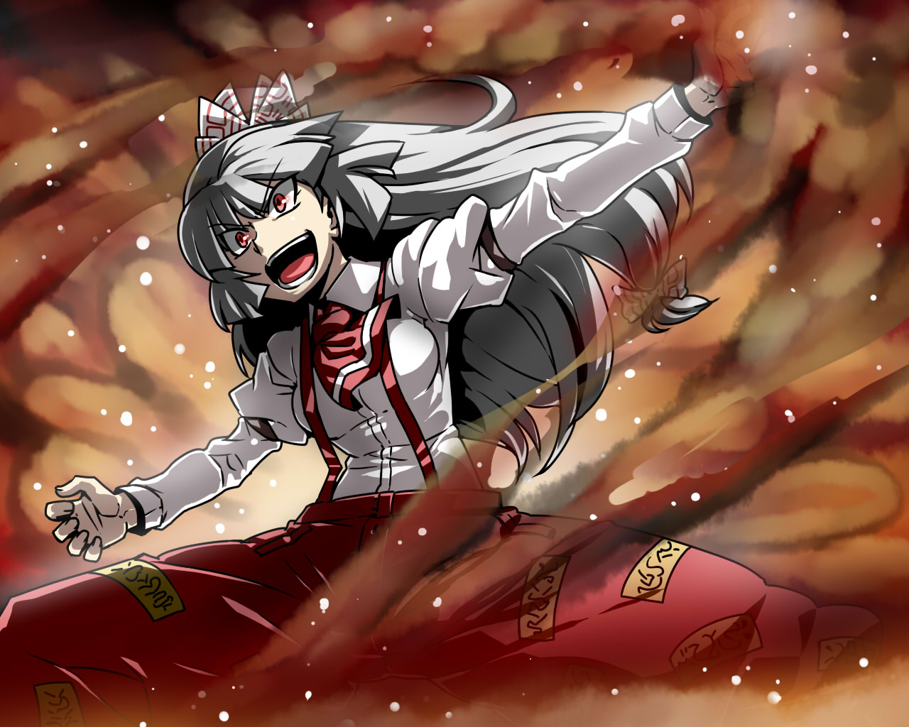 bow, fire, fujiwara_no_mokou, red_eyes, touhou, tsuki_wani