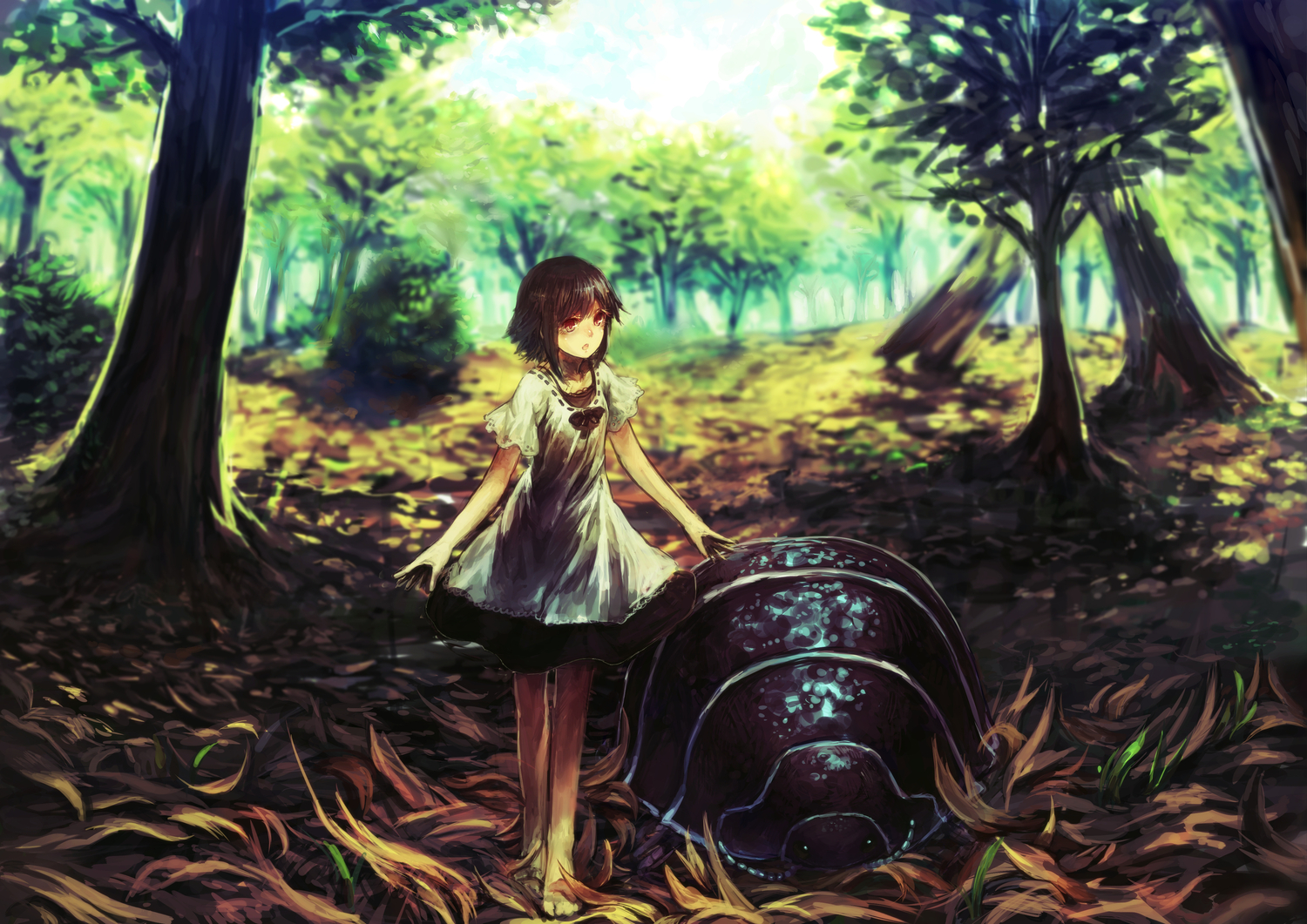 animal, barefoot, benitama, black_hair, dress, forest, leaves, original
