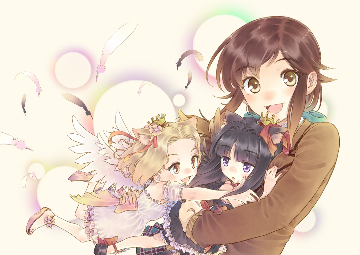 animal_ears, black_hair, blonde_hair, brown_eyes, brown_hair, crown, dress, feathers
