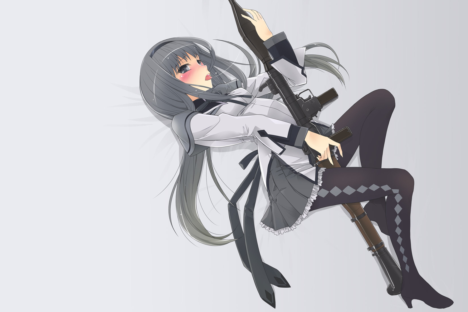 akemi_homura, blush, gray, kazu, long_hair, mahou_shoujo_madoka_magica, pantyhose, skirt, weapon