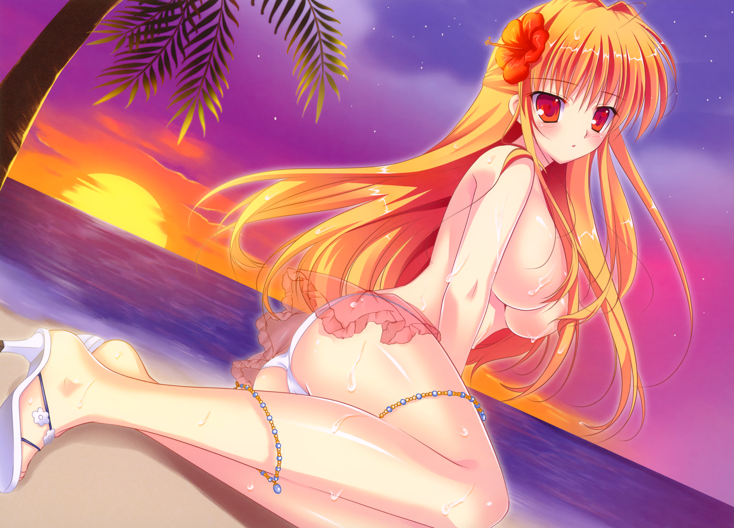 beach, bikini, breasts, long_hair, mikeou, orange_eyes, orange_hair, original, pink_chuchu, stars, sunset, swimsuit, topless, wet