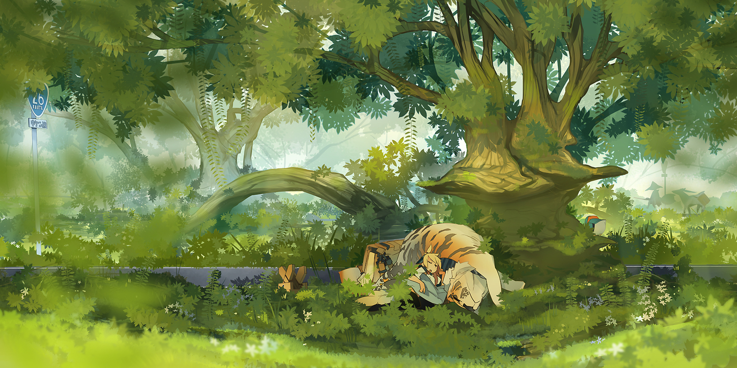 akitsu_taira, animal, original, sleeping, tiger, tree