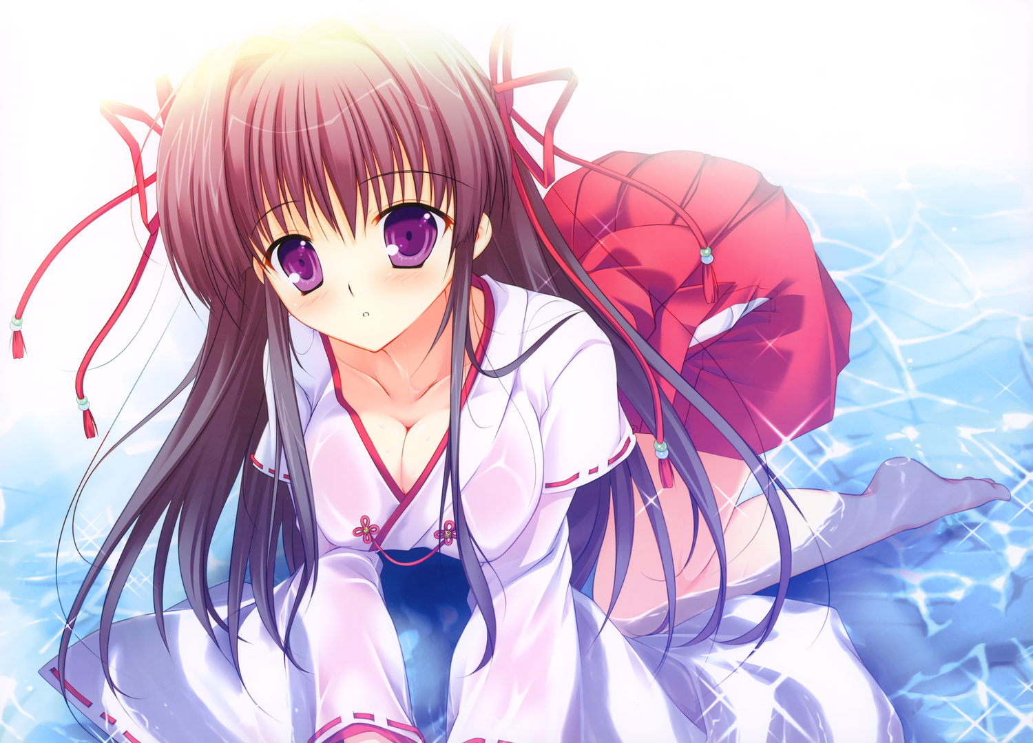black_hair, blush, breasts, cleavage, japanese_clothes, long_hair, mikeou, miko