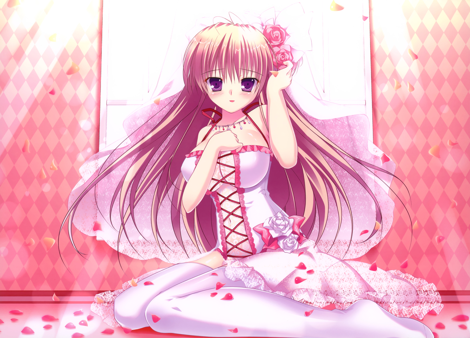 blush, breasts, cleavage, dress, flowers, long_hair, mikeou, navel, nopan, original, petals, pink_chuchu, purple_eyes, see_through, thighhighs, wedding_attire