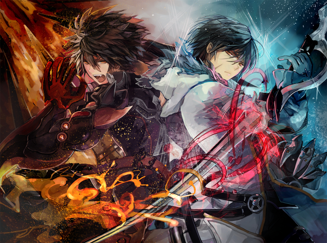 all_male, black_hair, elsword, fire, gloves, male, nameco, raven_(elsword), sword, weapon, yellow_eyes