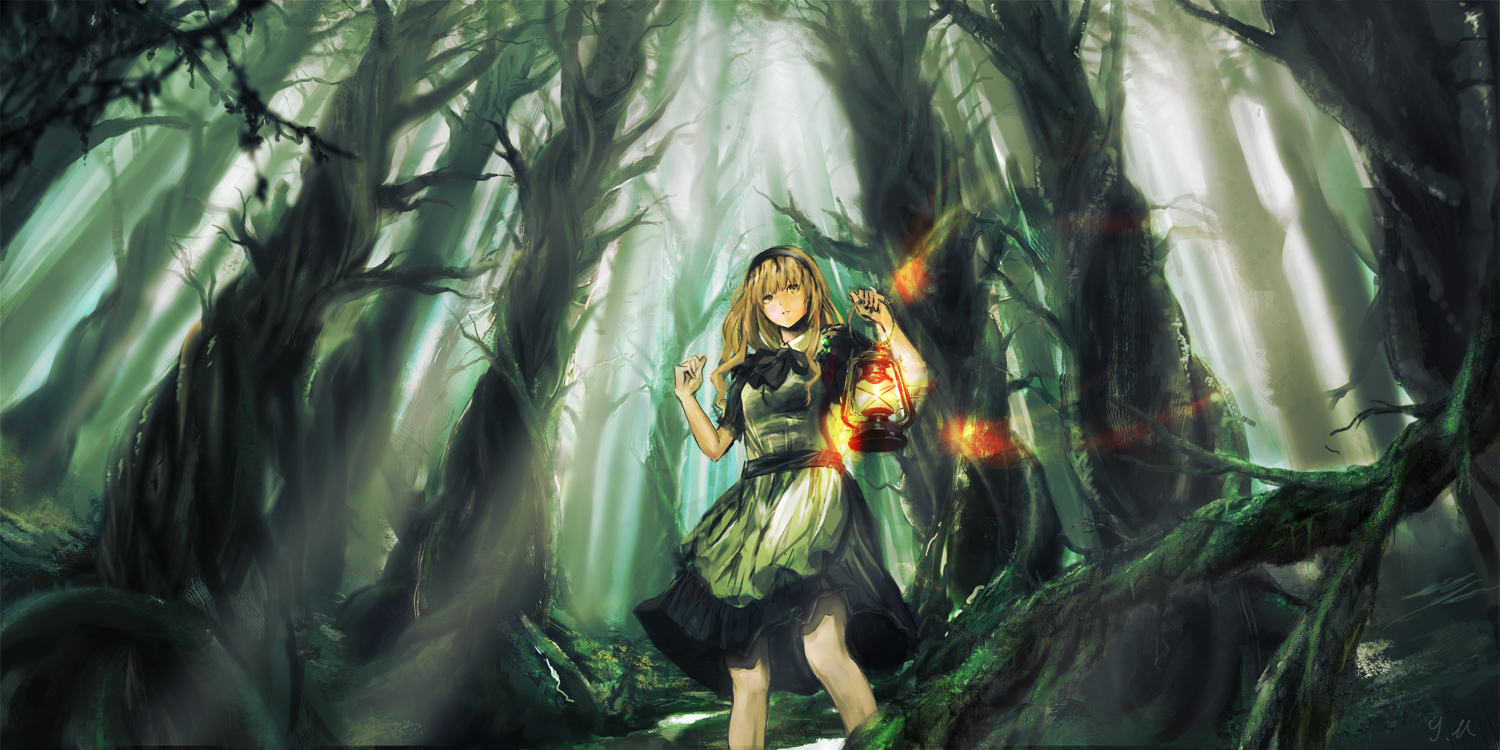 blonde_hair, dress, forest, headband, long_hair, original, seafh, signed