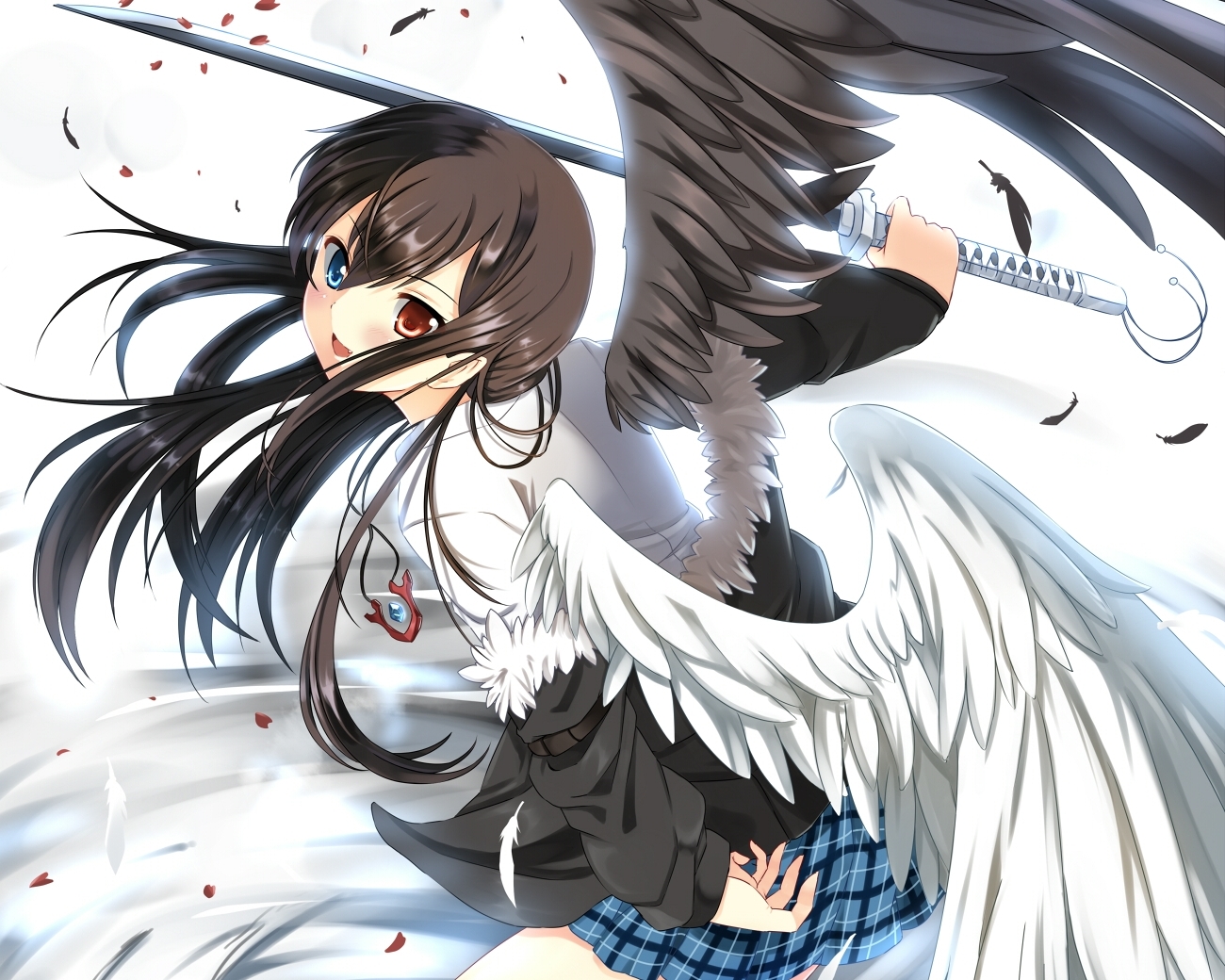 all_male, bellezza_felutia, bicolored_eyes, black_hair, feathers, male, original, otoko_no_ko