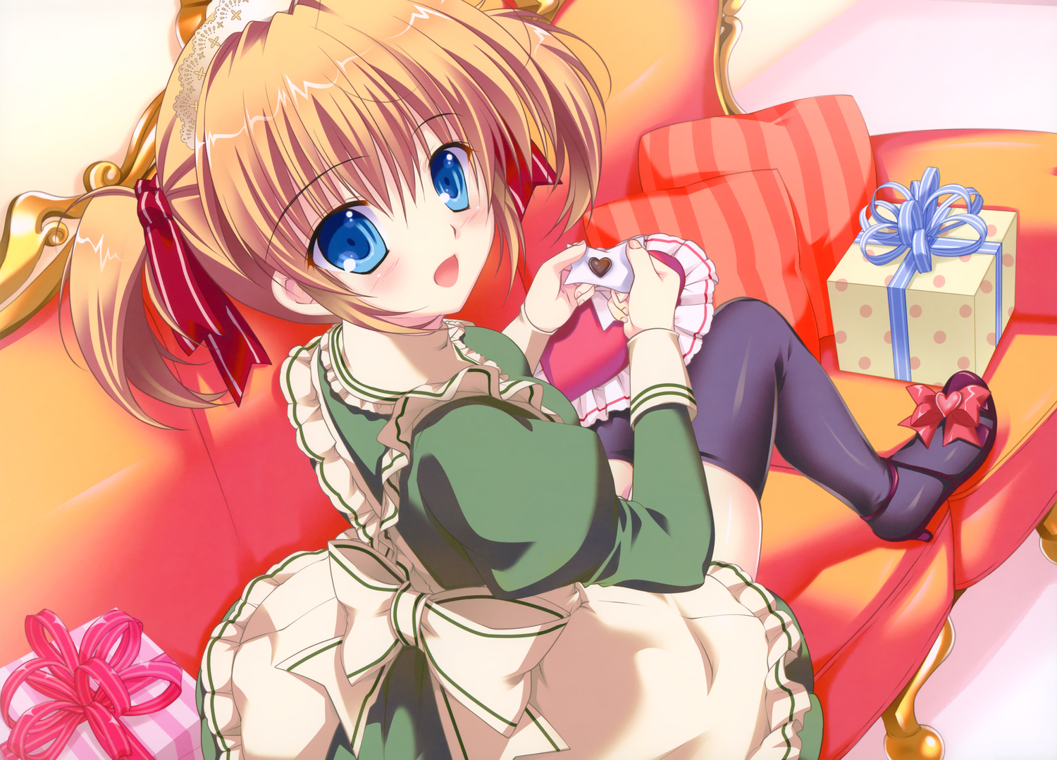 blue_eyes, brown_hair, maid, mikeou, original, pink_chuchu, thighhighs, twintails