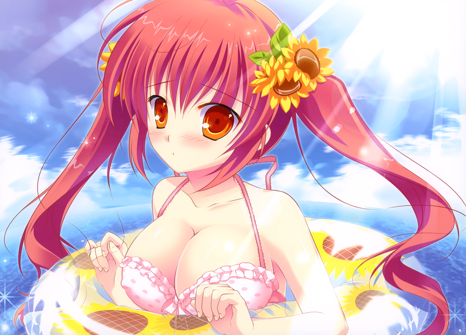 bikini, blush, breasts, cleavage, erect_nipples, mikeou, original, pink_chuchu, red_hair, swimsuit, twintails, water