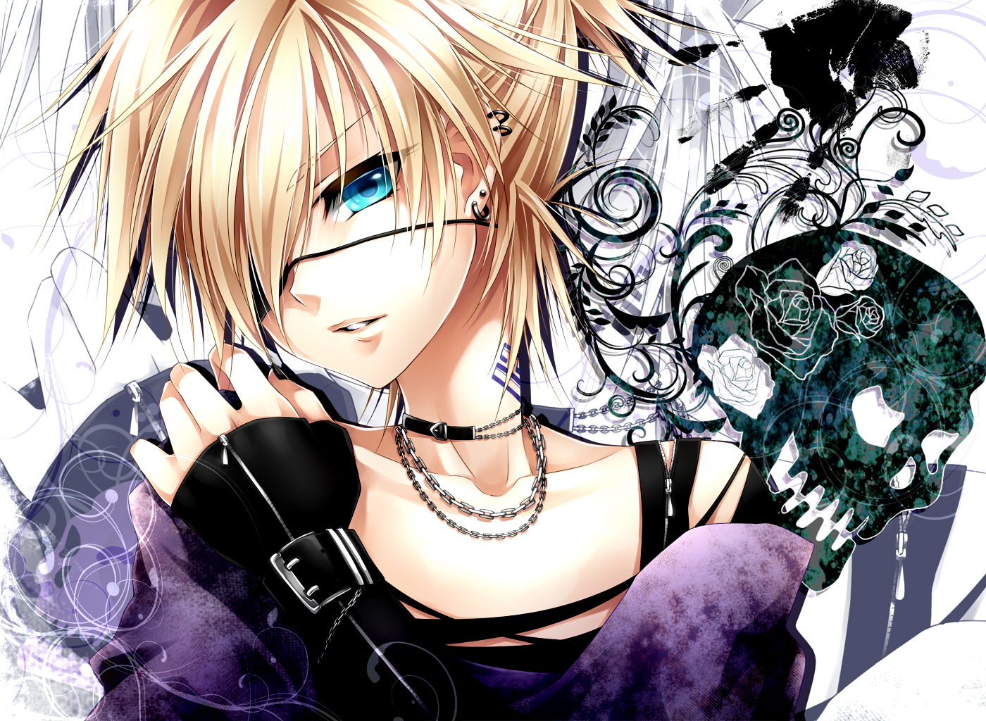 all_male, blonde_hair, blue_eyes, eyepatch, flowers, gloves, kagamine_len, male