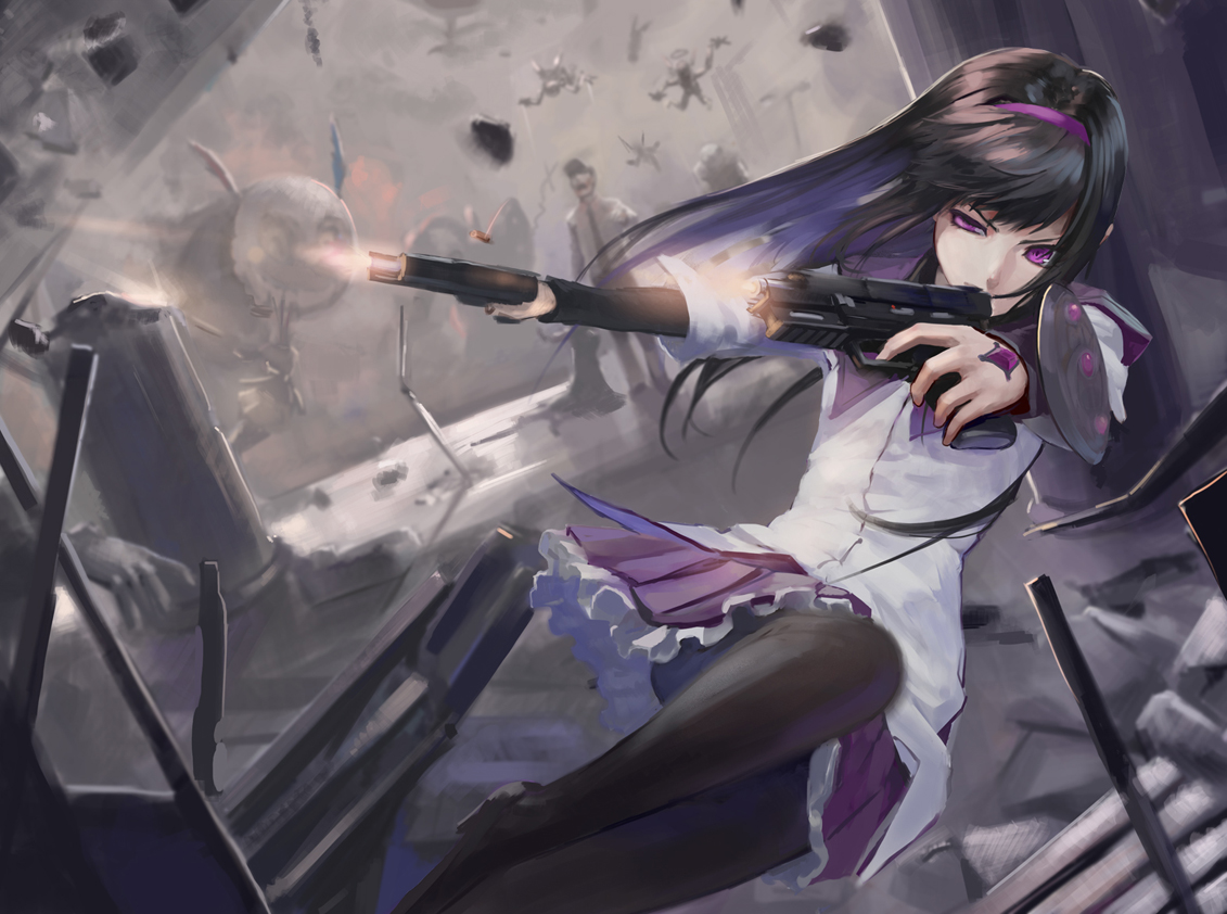 akemi_homura, black_hair, gun, mahou_shoujo_madoka_magica, mizore_akihiro, purple_eyes, weapon