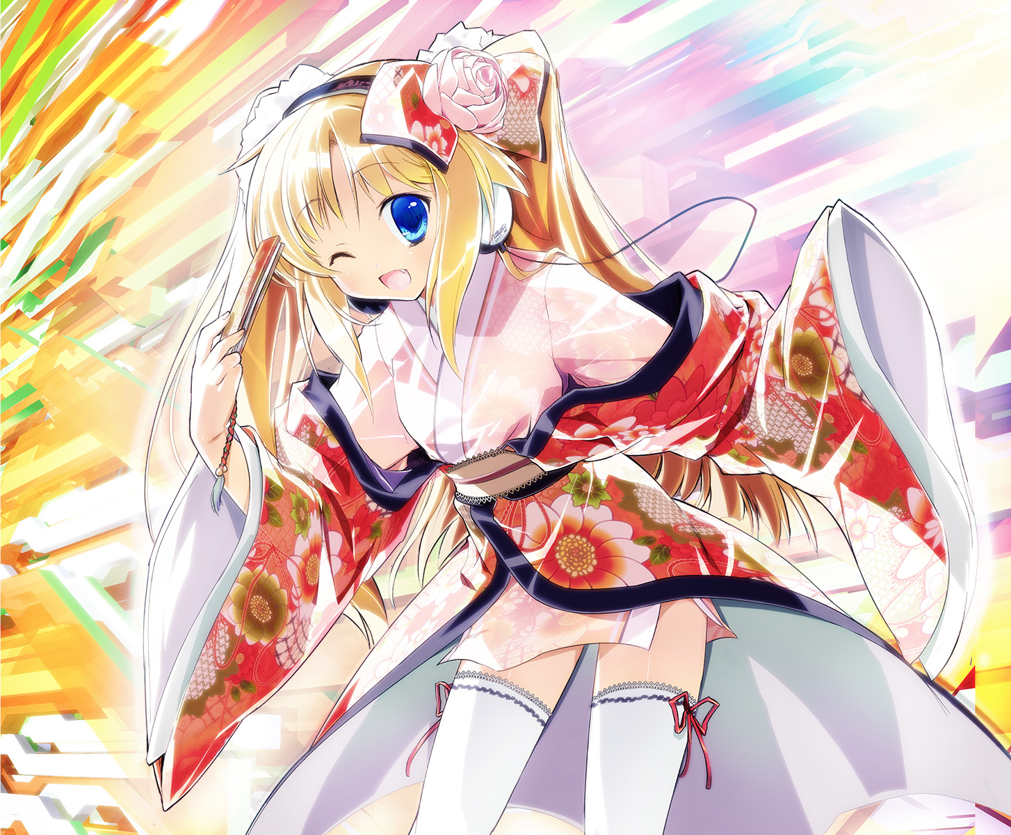 blonde_hair, blue_eyes, blush, ein_(long_cake), fan, fang, flowers, headphones, japanese_clothes, long_hair, ribbons, thighhighs, twintails, wink
