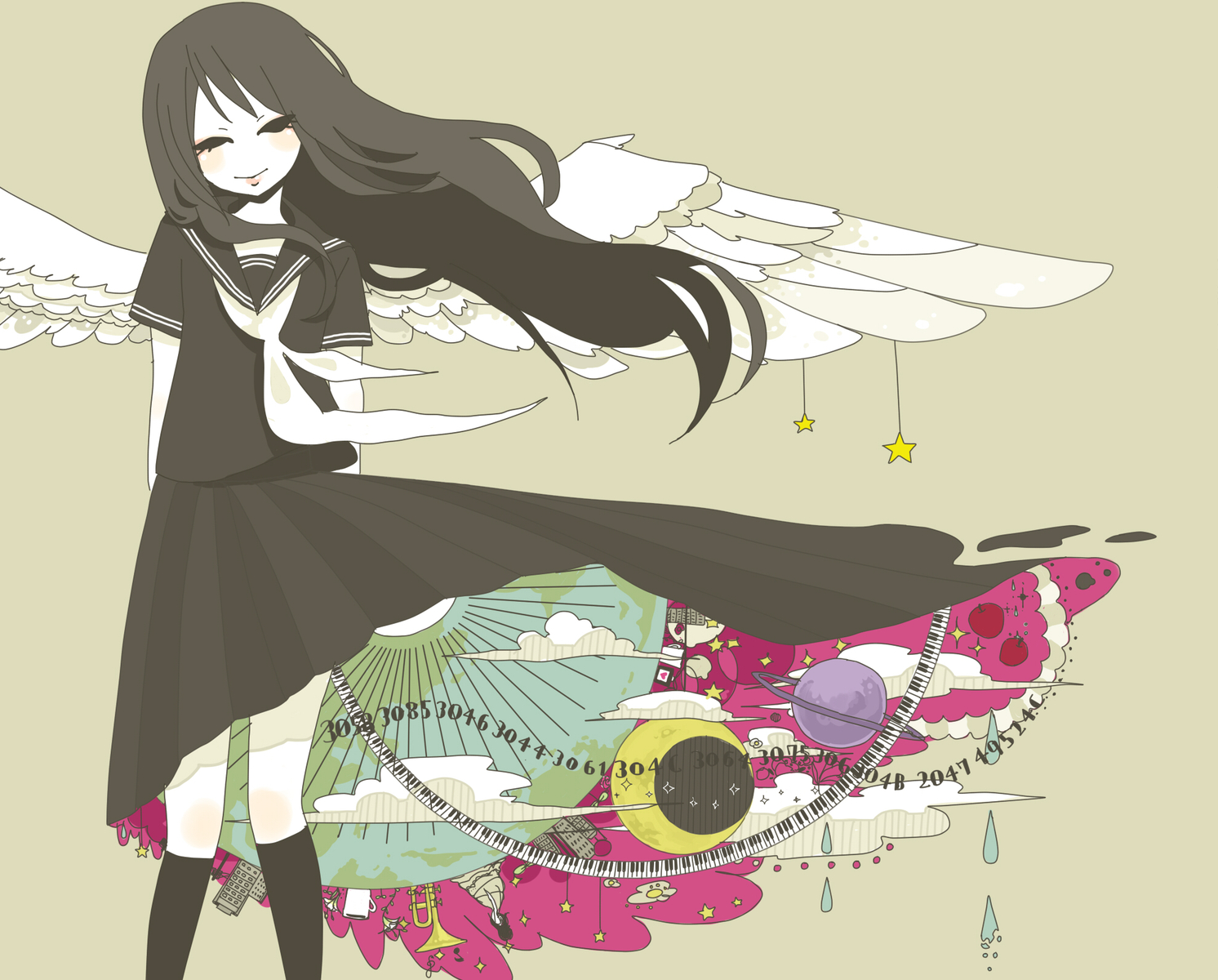 blush, clouds, long_hair, miya_(artist), moon, original, school_uniform, wings