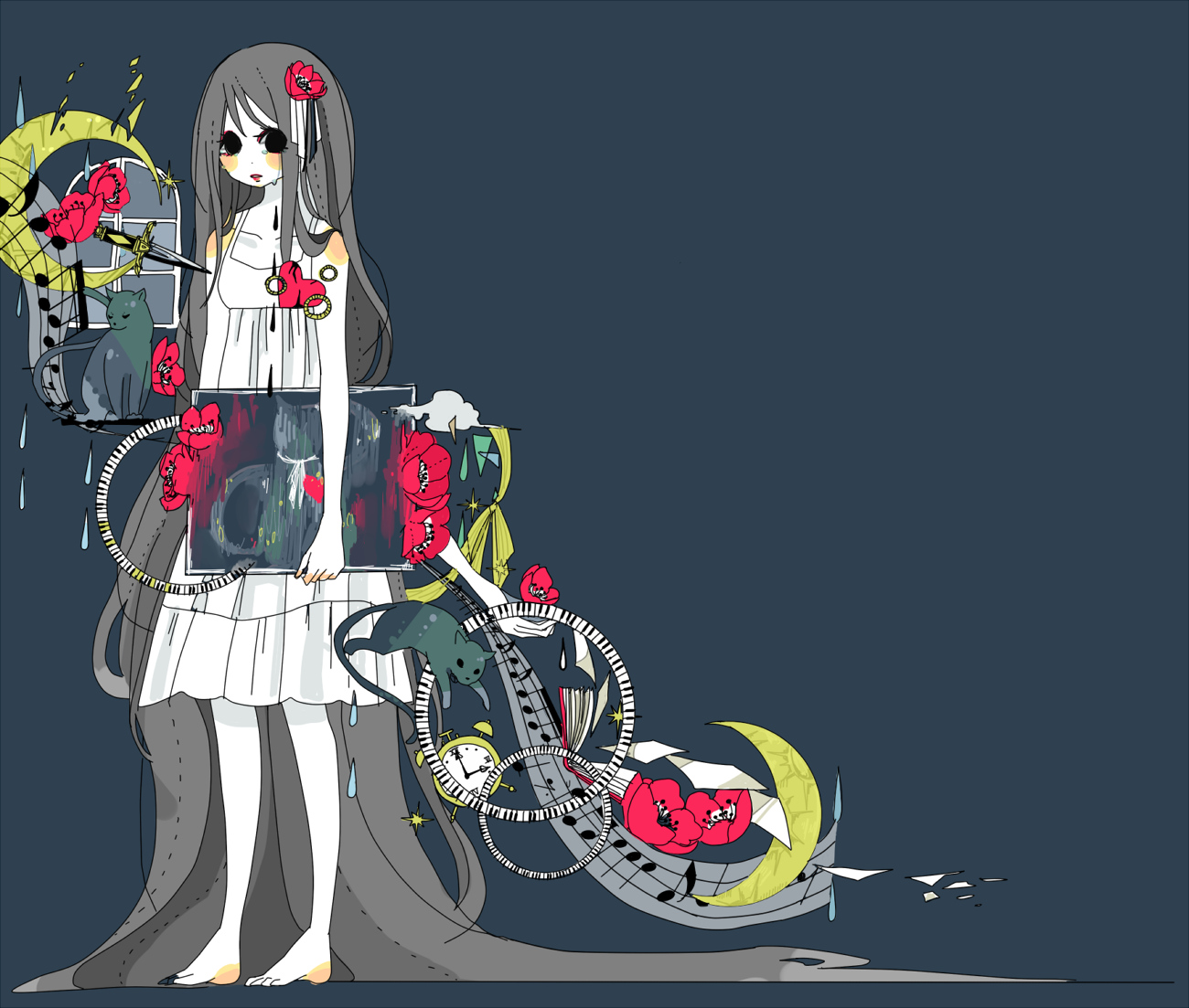 animal, black_hair, cat, dress, flowers, miya_(artist), moon, original