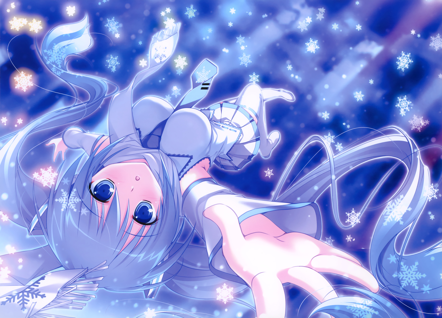 blue_eyes, blue_hair, hatsune_miku, long_hair, mikeou, pink_chuchu, scarf, snow