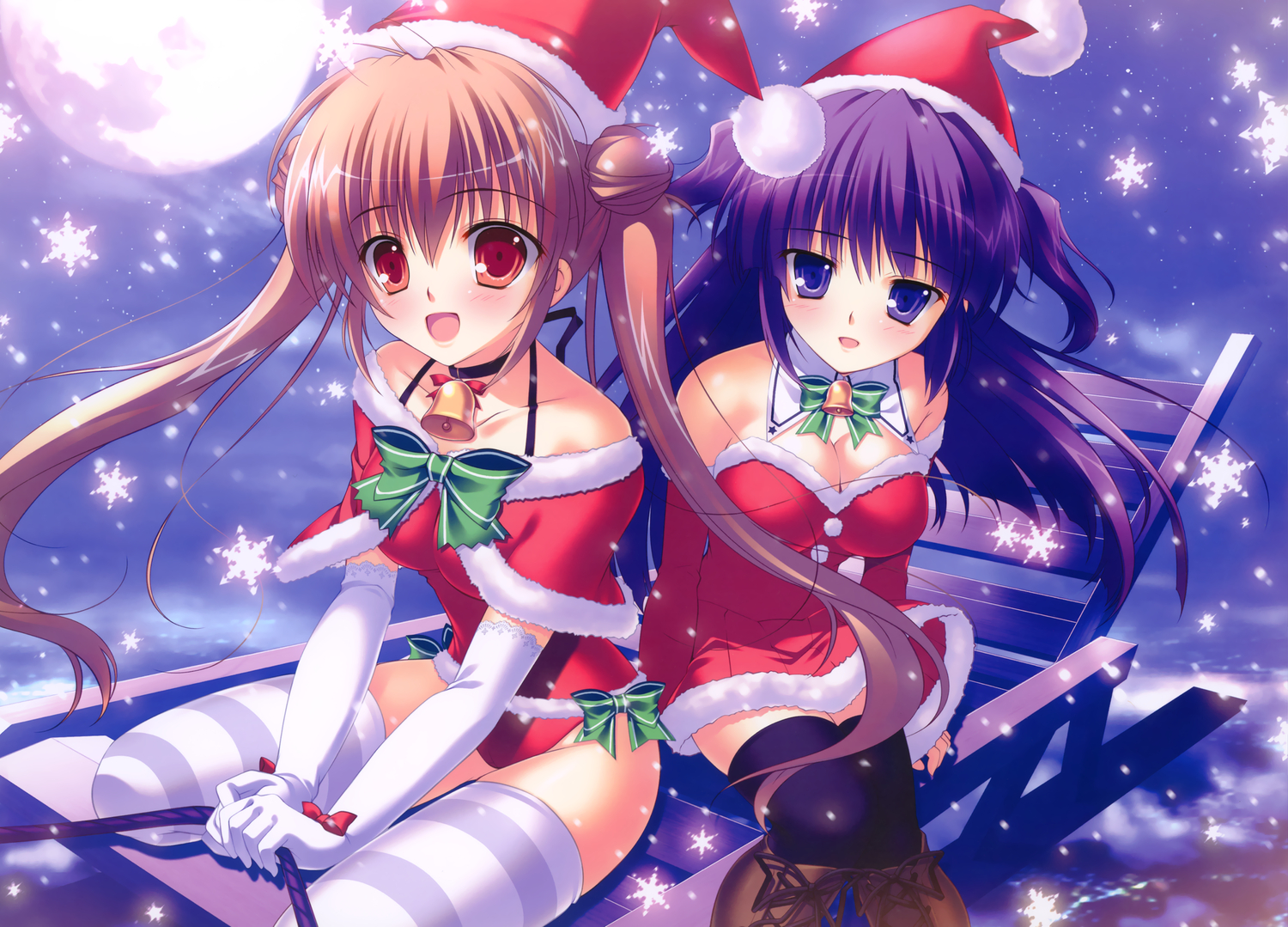 2girls, blue_eyes, boots, bow, breasts, brown_hair, christmas, cleavage
