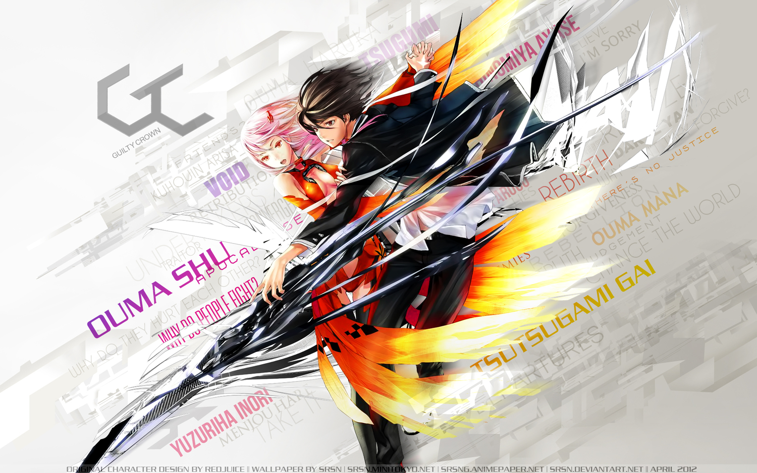 guilty_crown, male, ouma_shu, redjuice, weapon, white, yuzuriha_inori